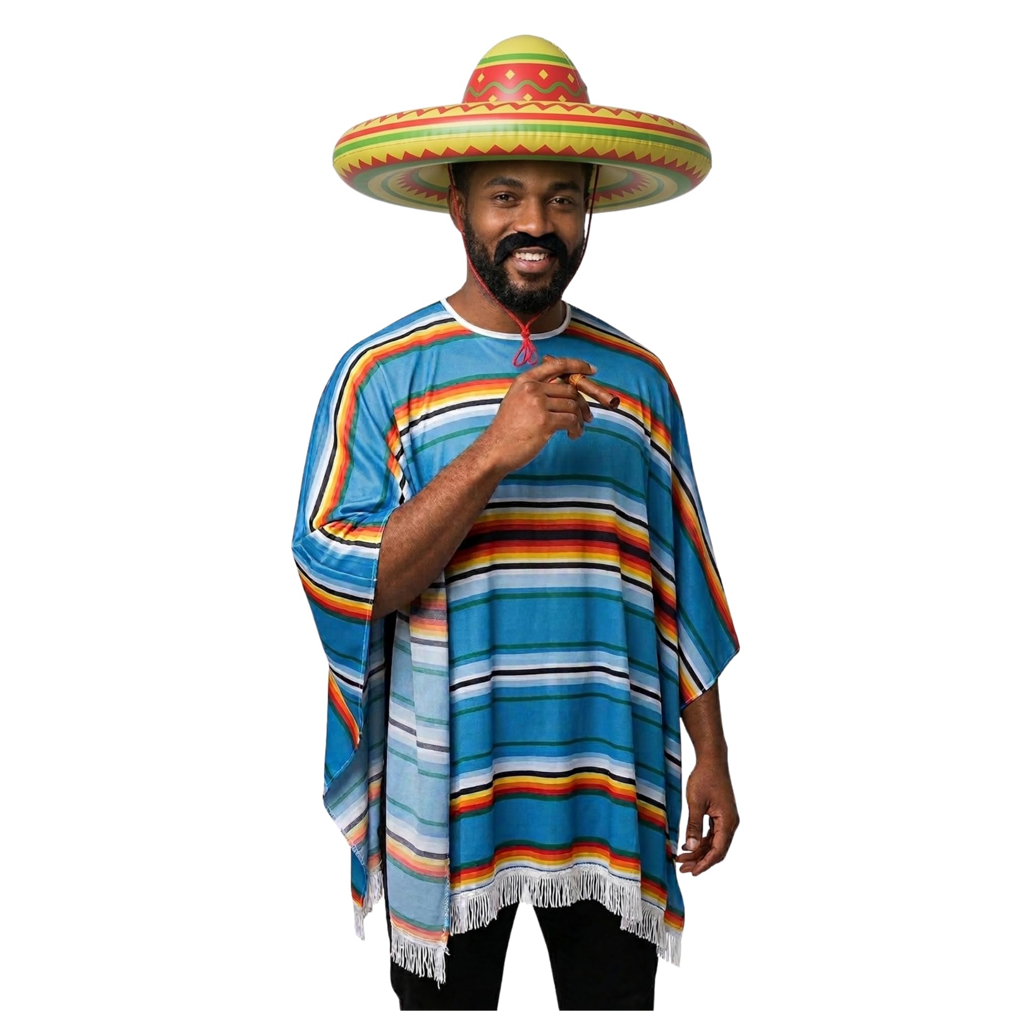 Conjunto de disfraz de fiesta mexicana, poncho, sombrero inflable, cigarro y bigote, talla única para la mayoría de adultos