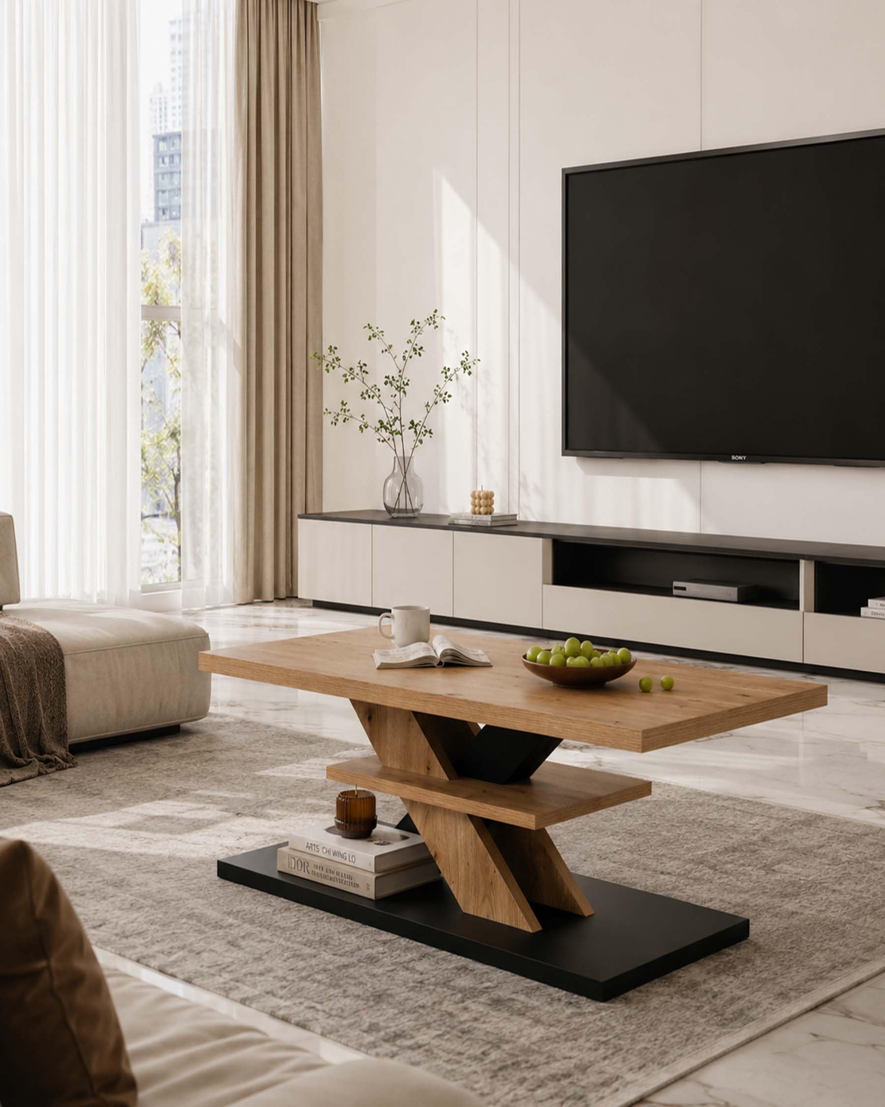 Mesa de centro de madera de roble negro, 100 x 50 x 45 cm, mesa de salón, rectangular, moderna, con estante, espacio de almacenamiento, diseño Z, mesa de salón para sofá