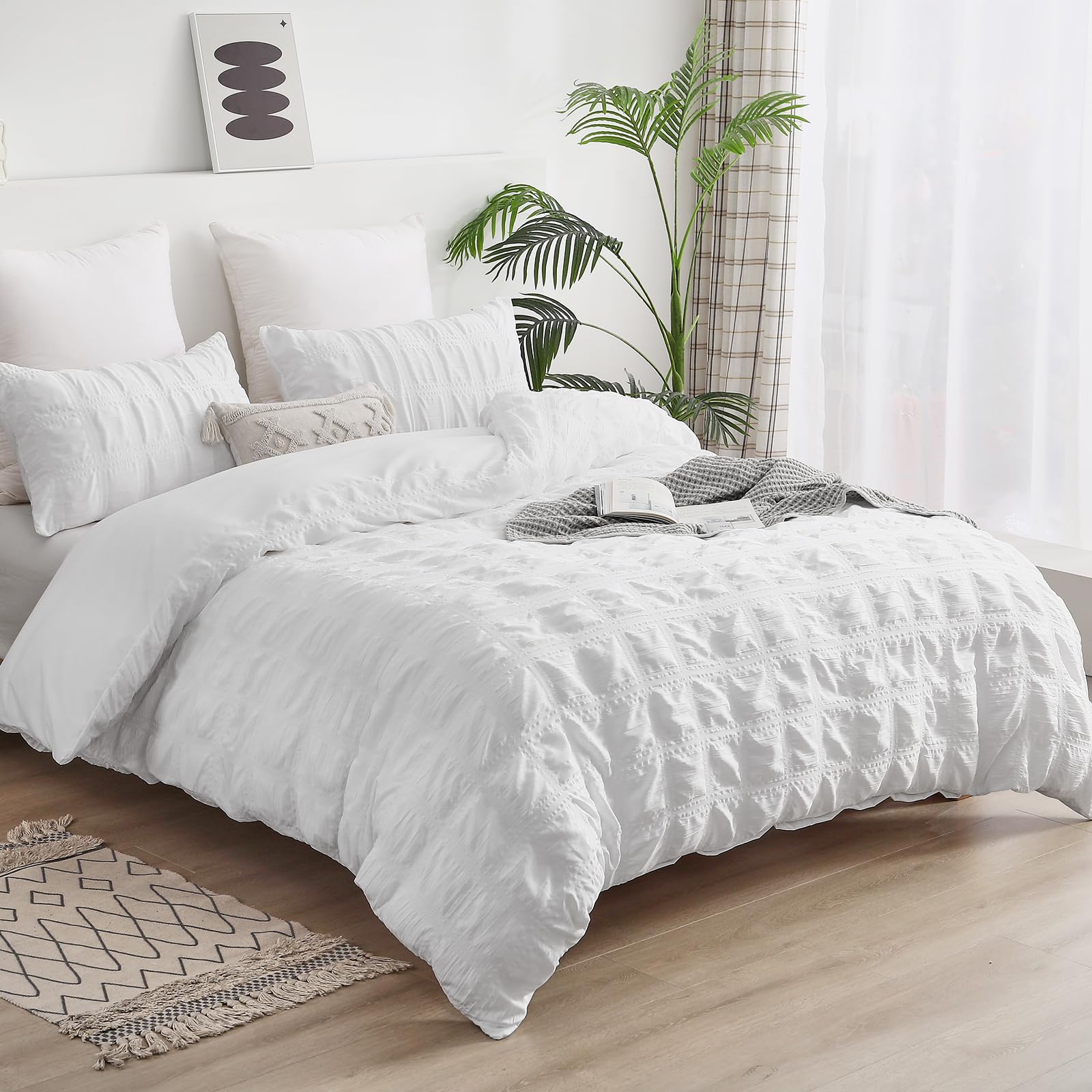 Fondream White Seersucker Duvet Cover King Size Pompom Tassels Design Bedding Set Textured Bedding Set including Zipper Closure (White - Image 2