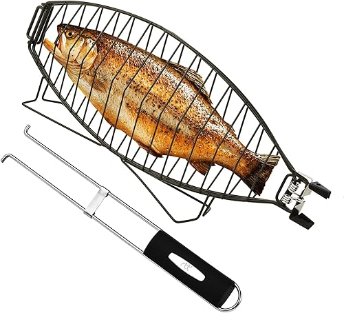 Cesta para asar pescado para parrilla, cesta de acero inoxidable, estante antiadherente para asar con cerradura ajustable, mango extraíble, ideal