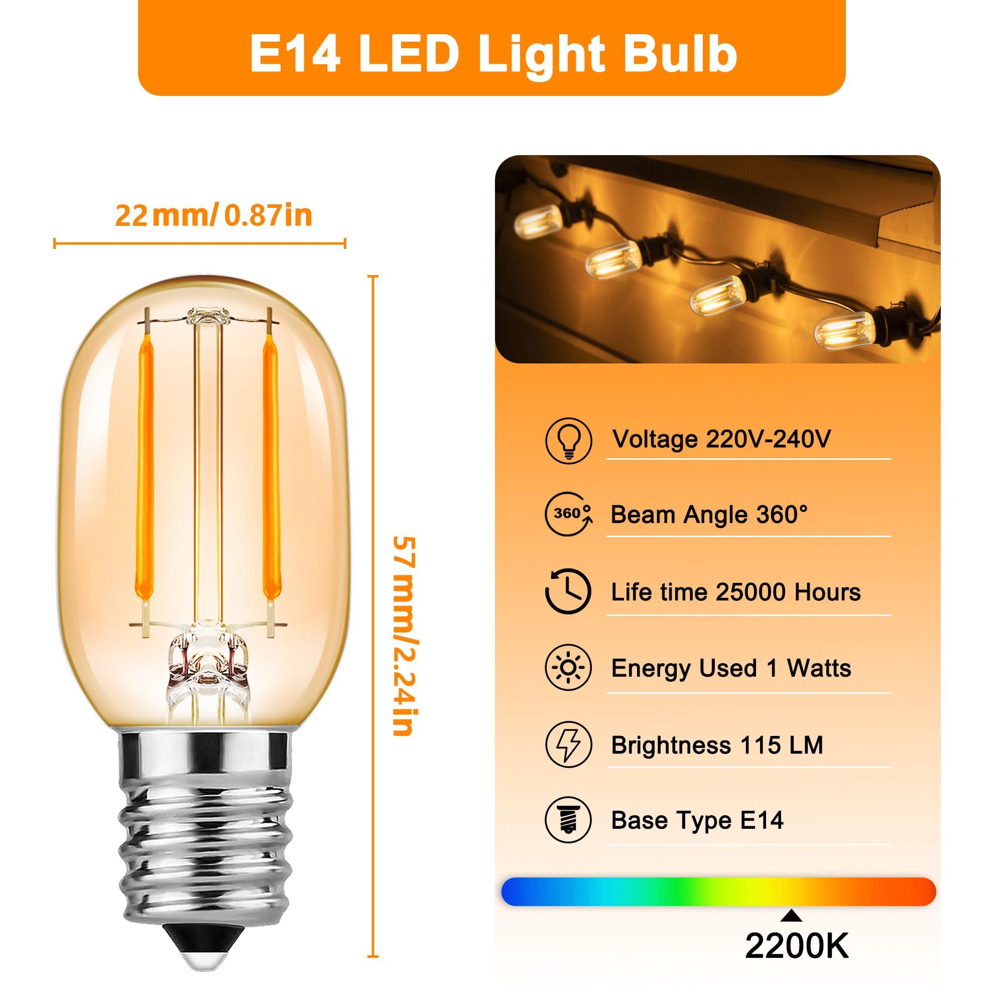 EvaStary E14 LED Light Bulb, 1W Vintage Amber Glass LED Filament Bulb, 2200K Warm White, E14 SES Small Screw Night Light Bulb - Image 2