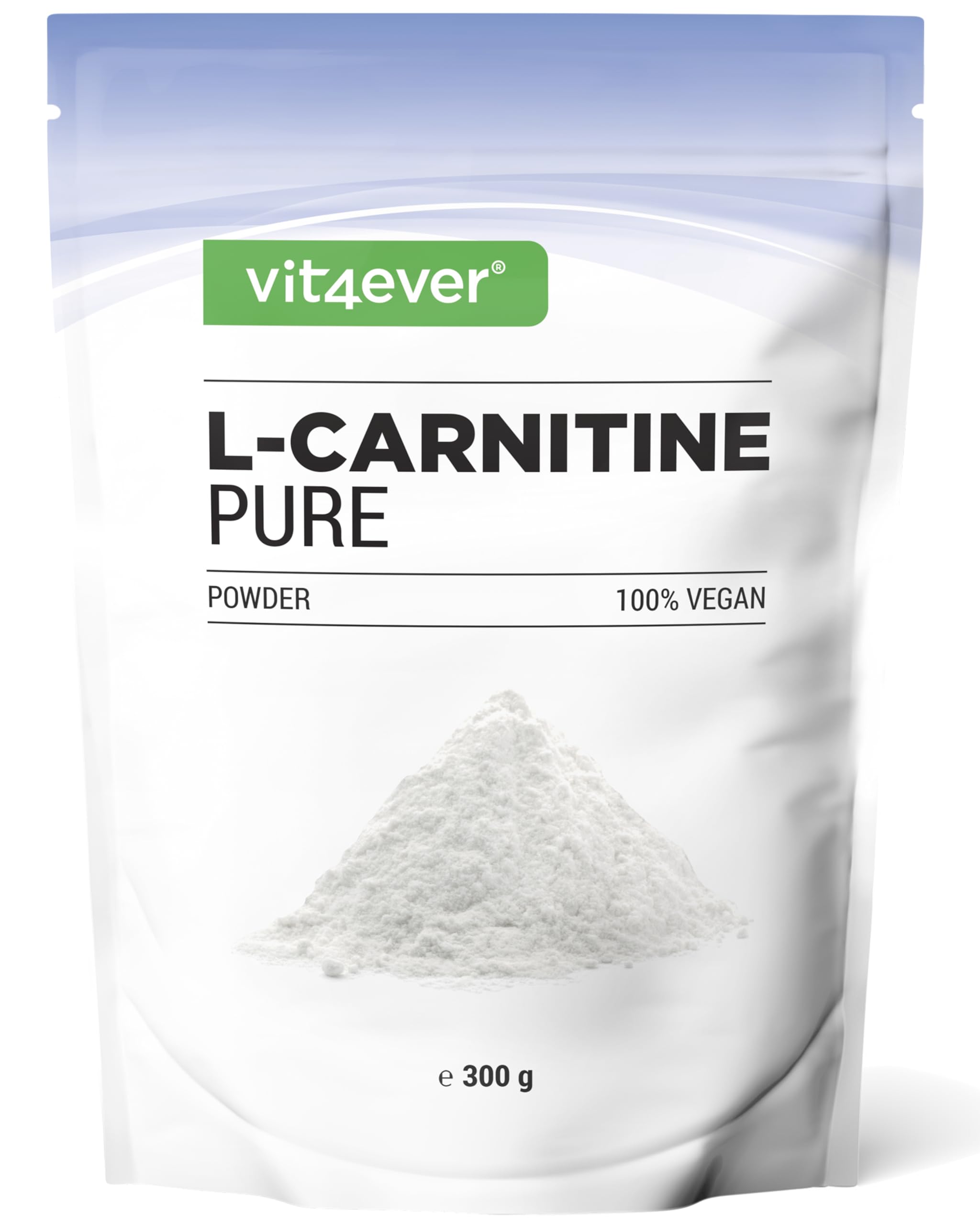 vit4ever L-Carnitin Pure - 300 g reines Pulver ohne Zusätze - 100% L-Carnitin Tartrat - 100 Portionen mit 3000 mg Carnitinpulver - Vegan - Hochdosiert - Premium Qualität