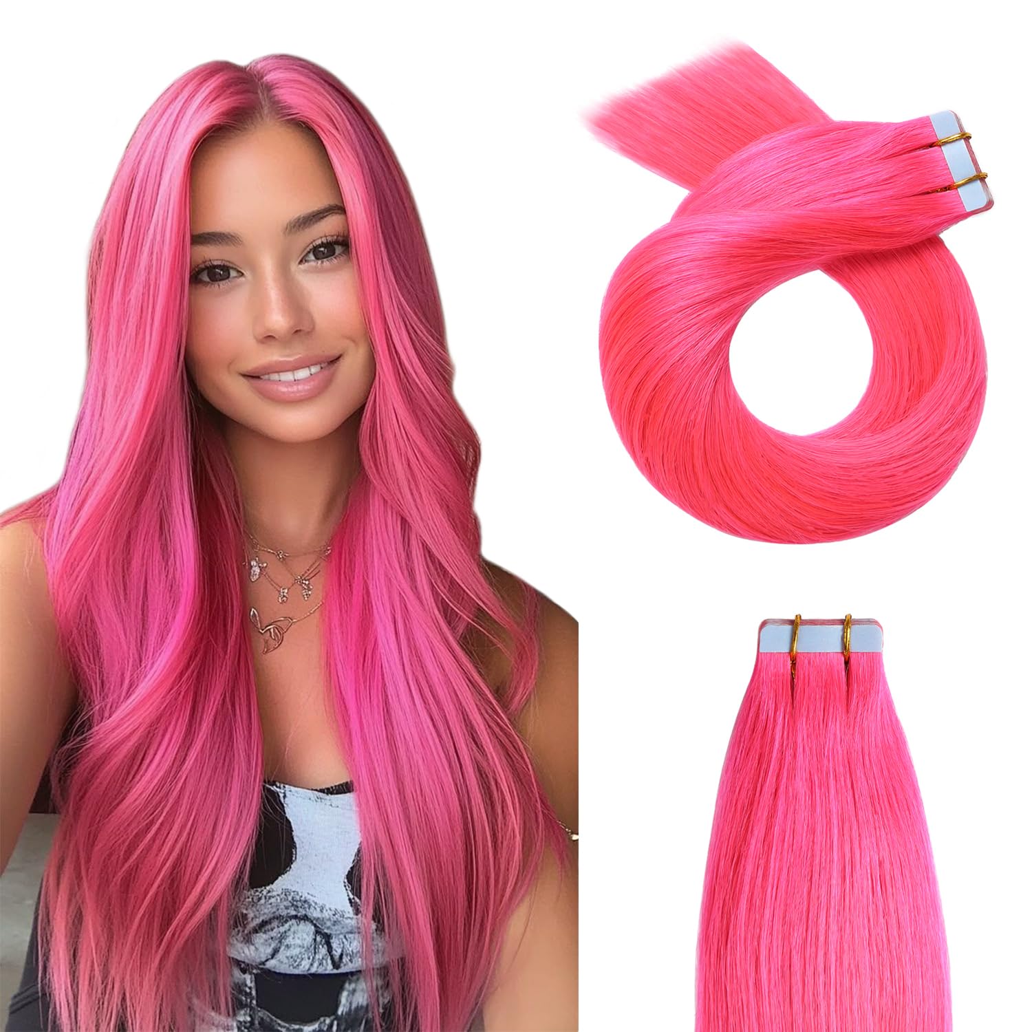 YILITE 20Pieces/Pack Fashion Pink Tape in Hair Extensions Human Hair 16inch 40g Remy Human Hair Extensions,Seamless Skin Weft Tape in Hair Extensions
