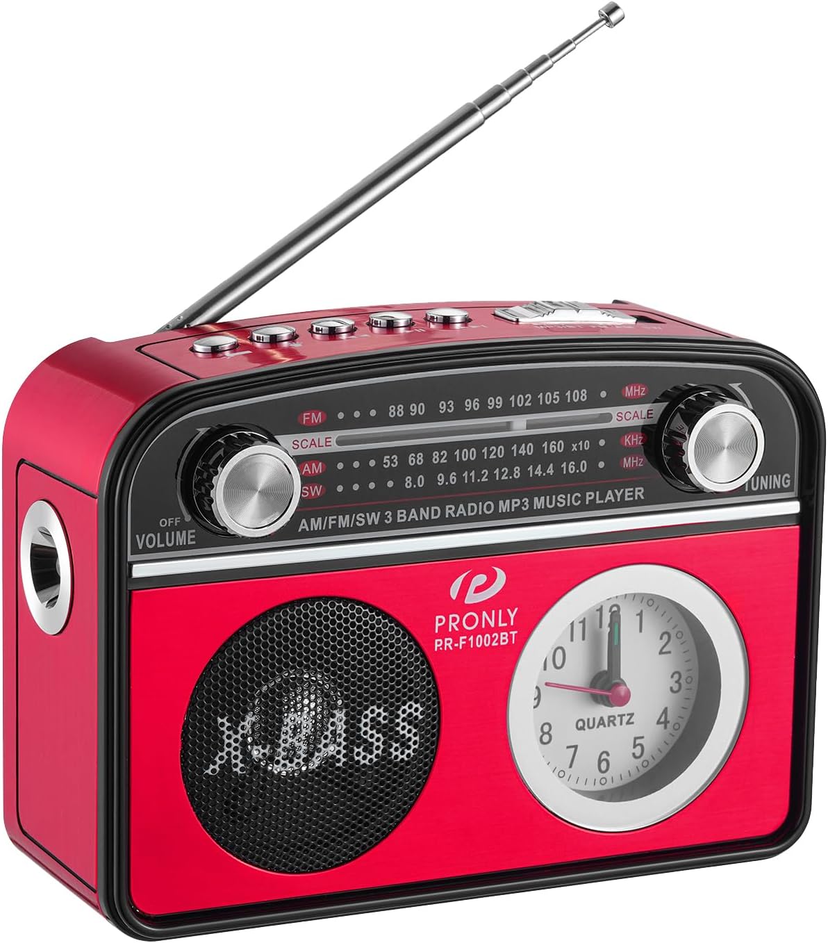Portable AM/FM Radio with Bluetooth, Vintage Style Emergency Radio with Clock & Flashlight, Battery Powered Radio Supporting USB/TF Playback, for Camping & Backup Use (Red)
