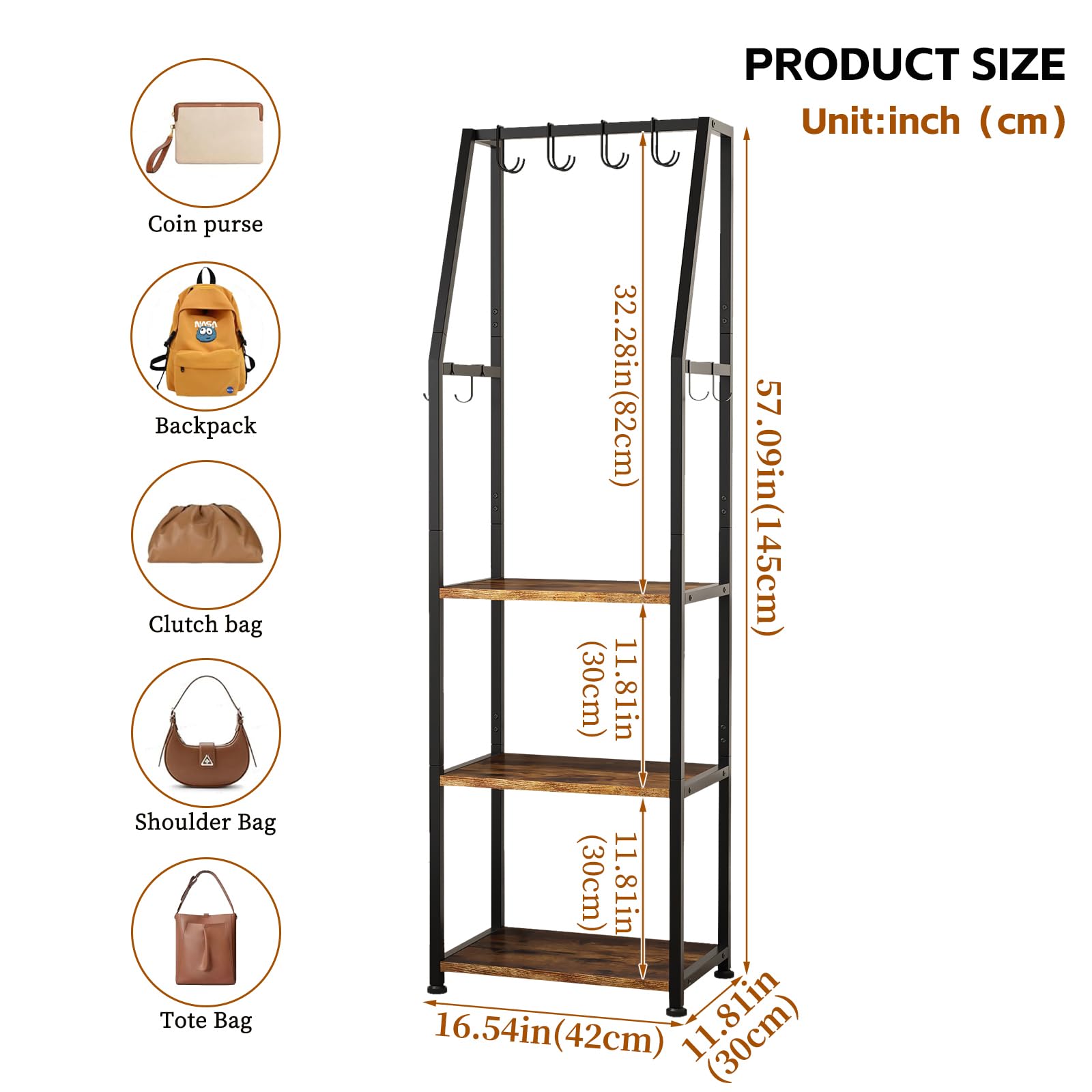Soporte de 3 niveles para bolsos con 8 ganchos, soporte alto y estrecho para organización de entrada/armario, organizador de almacenamiento multiusos para lugares pequeños, organizador de bolsas para 3