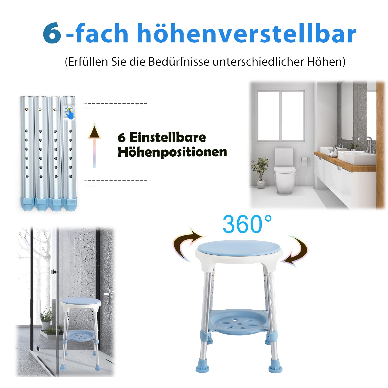 Aluminiowy taboret prysznicowy, obracany o 360°, okrągły, antypoślizgowy, z regulacją wysokości, dla seniorów i kobiet w ciąży