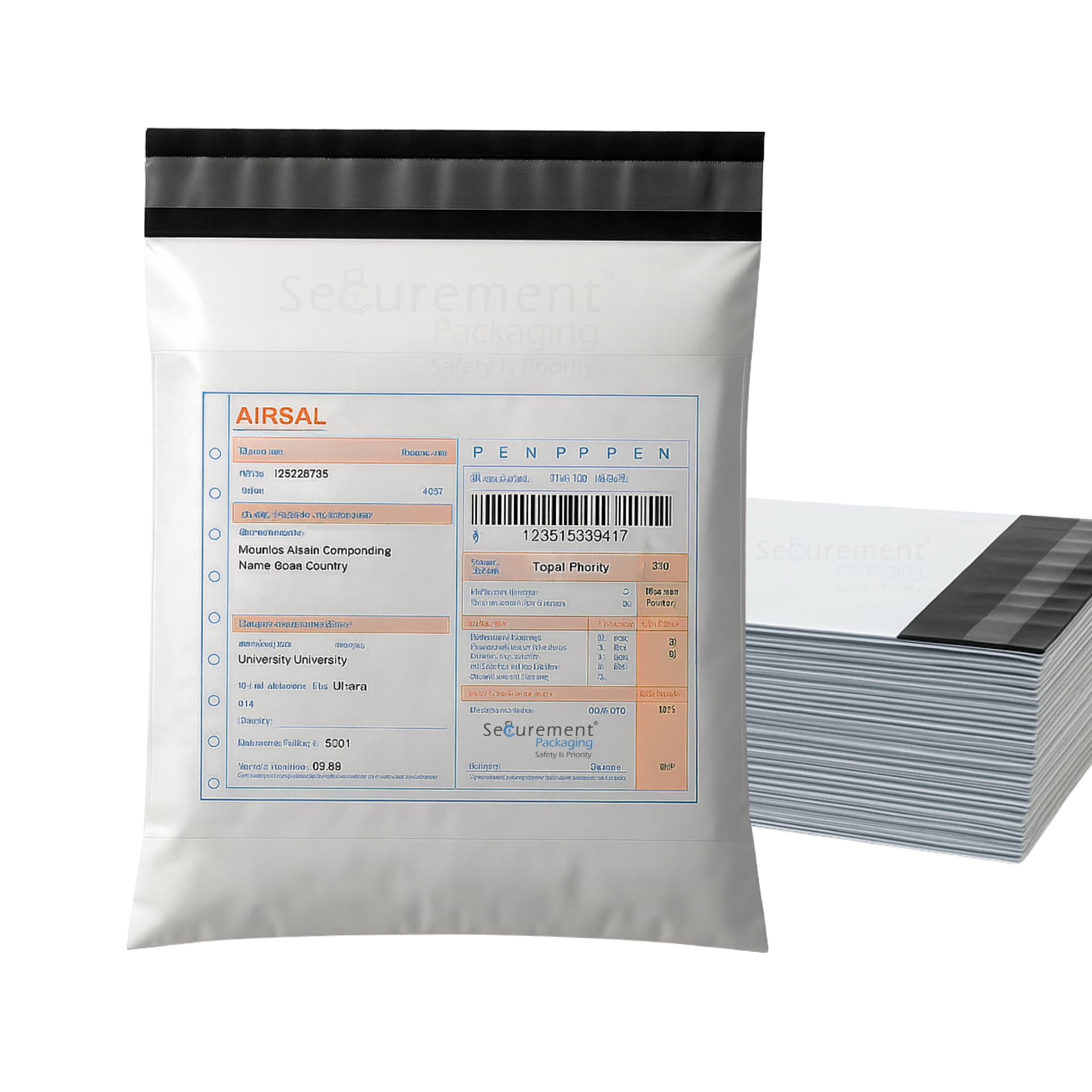 Securement Security Courier Bags with Sealking Tape and Pod Jacket, 60 Micron, 8 Inch x 10 Inch, White and Black, Pack of 100