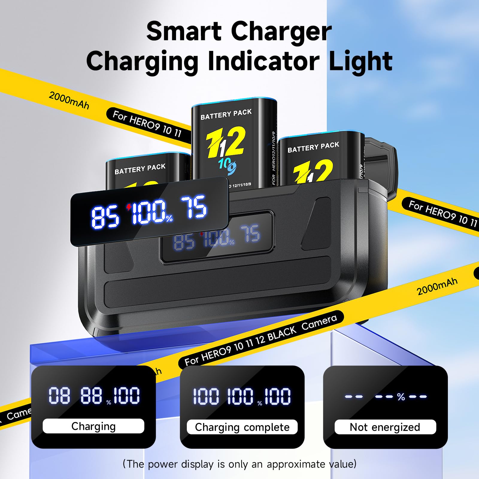 2000mAh Hero 12 Batería con Cargador para Hero 12/11/10/9 Black - Cargador de 3 Canales con Pantalla LCD, Ranura para Tarjeta TF, Apta para Baja Temperatura (3*Batería +1* Cargador)