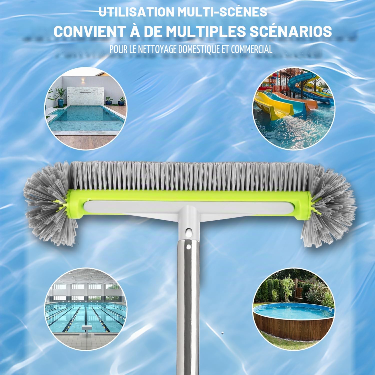 Tête de Brosse de Piscine 45cm Balai Piscine Brosses Poils Robustes Manche Aluminium Hémisphérique Mur Sol