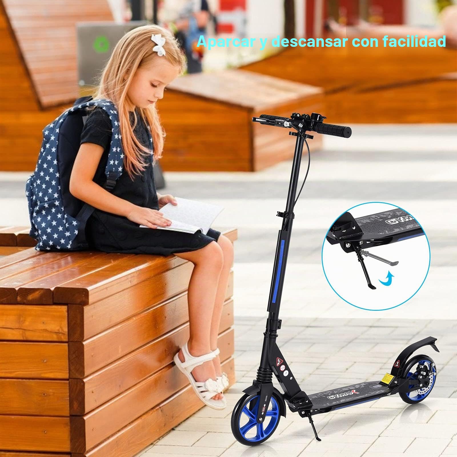 KOMFOTTEU Patinete Plegable con 2 Ruedas con Freno, Scooter con 3 Alturas Regulables, Patinete Infantil con Carga 100 kg, Monopatín con Timbre y Correa, para Niños 8+ y Adultos