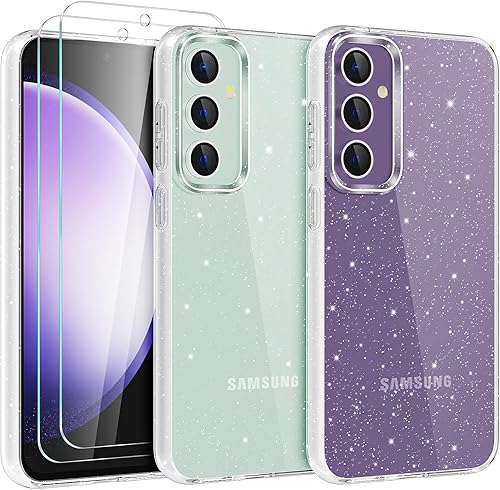 KSWOUS Funda con purpurina para Samsung Galaxy S23, con protector de pantalla 2 unidades, funda protectora delgada transparente brillante a prueba