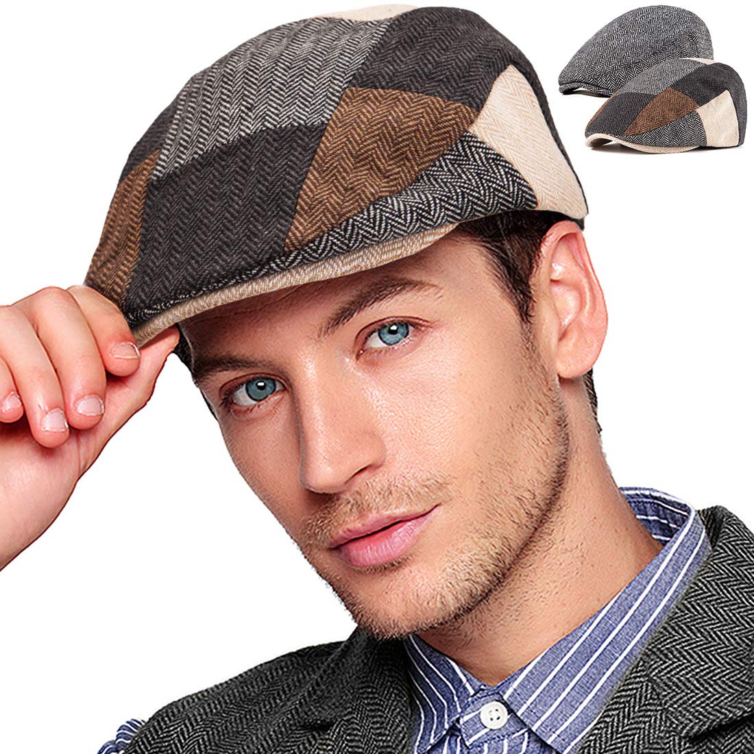 2-Pack Adjustable Newsboy Hats for Men Flat Cap Irish Wool Blend Tweed