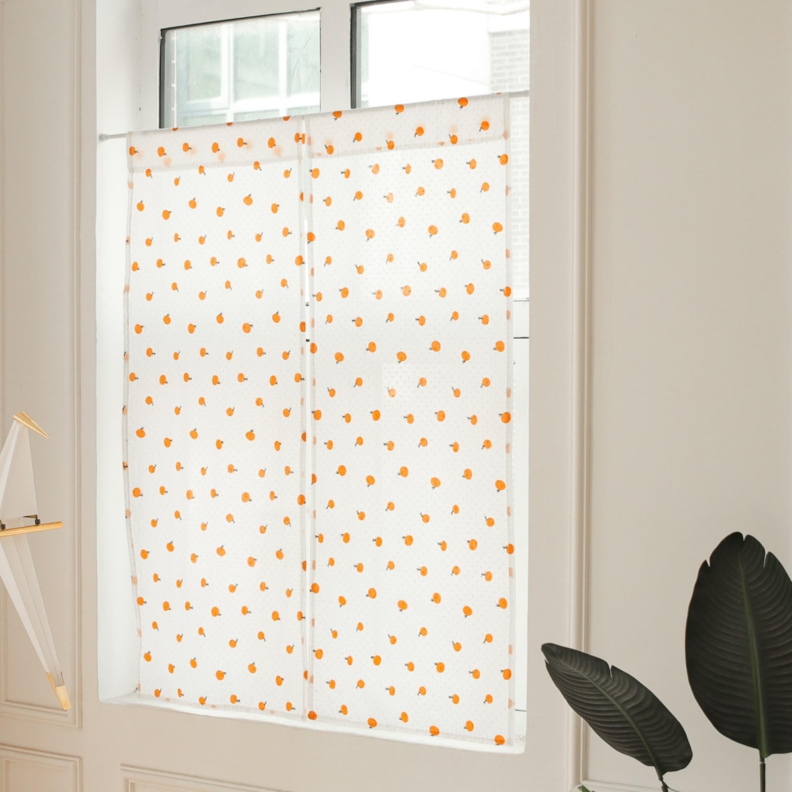 KnSam 2er Scheibengardine Voile Bistrogardine HxB 30x140cm, Orange Muster Beige Orange Bistrogardine Kurz, Haken Baumwolle Fenster Vorhang für Privatsphäre Fenstervorhang Wohnzimmer