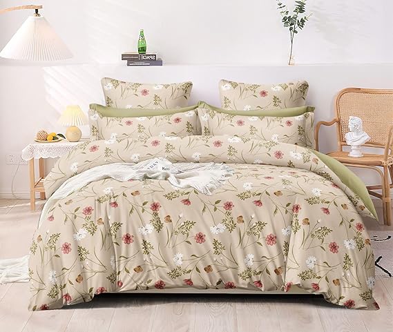 Mosho 220 TC Glace Cotton King Large Size 9 Feet Comforter Set Double Bed with BedSheet Set (Beige Floral)