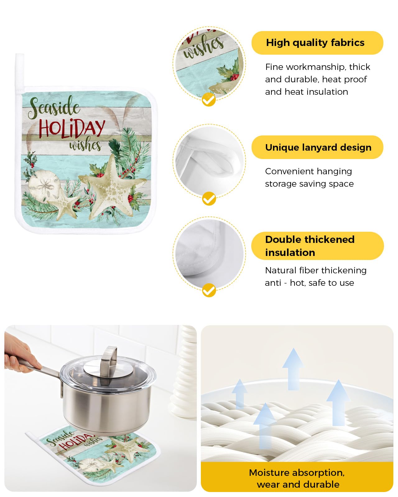 Coastal Christmas Pot Holders for Kitchen Heat Insulation, Seaside Holiday Wishes Xmas Beach Starfish Potholders Hot Pads with Hanging Loop, Washable Oven Mitts Pot Holder Trivet for Cooking 2 Pack