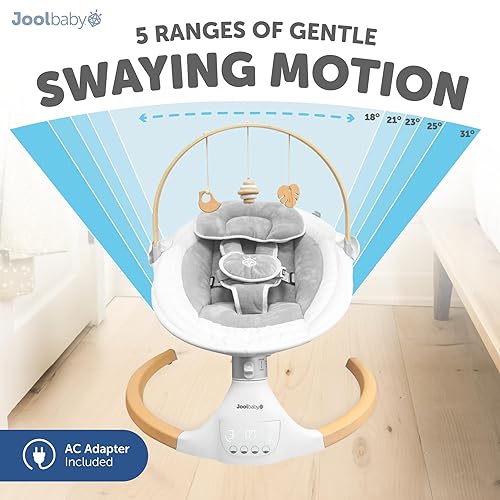 Vista 3 de Jool Baby Nova Nature Columpio de bebé para recién nacidos con juguetes de madera natural, columpio motorizado eléctrico para bebé, música Blanco