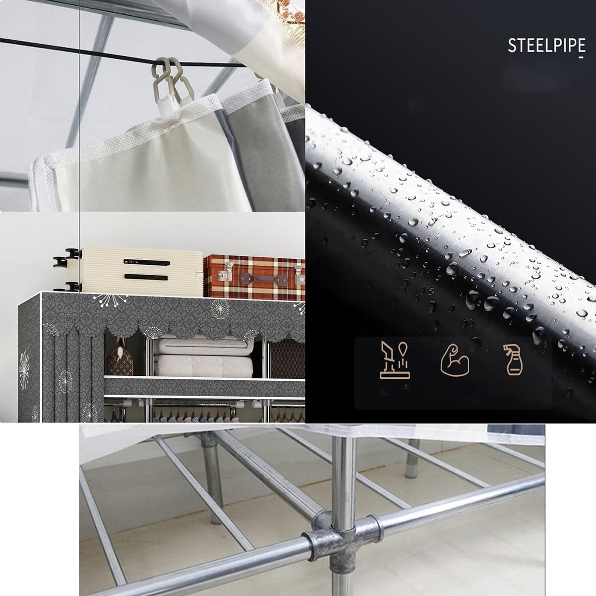 Portable Closet Detachable Portable Wardrobe Closet 26mm Steel Tube Clothes Closet Easy to Assemble Wardrobe Closet for Hanging Clothes(G)
