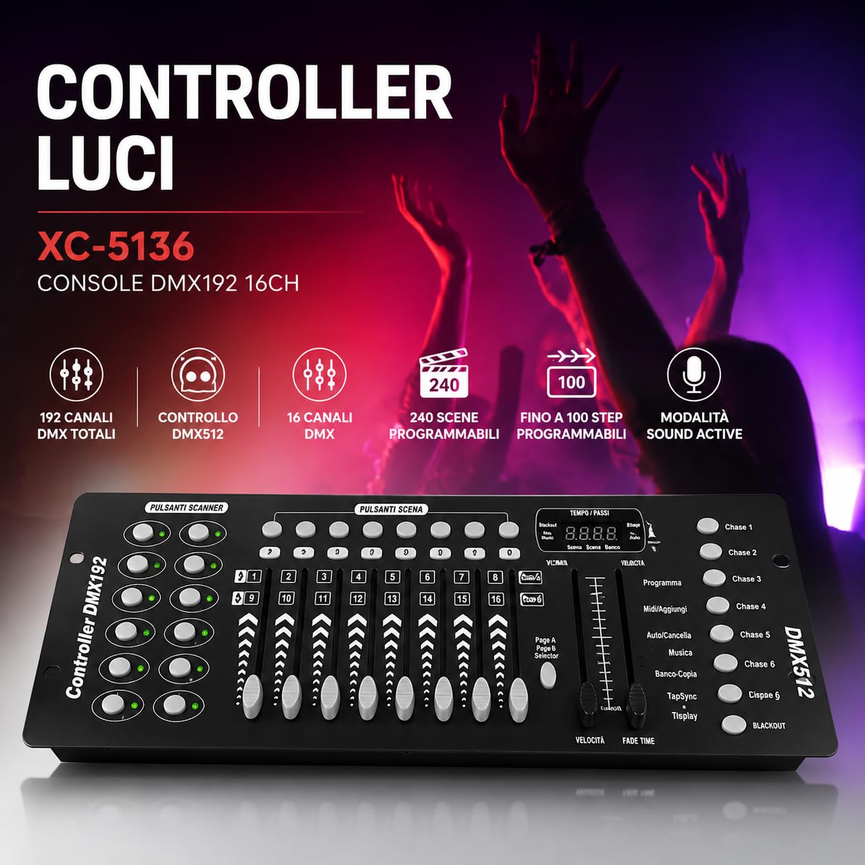 NLIGHTING Centralina DMX512 192 Canali Professionale, Controller Luci DJ per Teste Mobili, Beam, PAR LED e Faretti DMX, Console Mixer Luci con 240 Scene Programmabili, Sound Active e MIDI