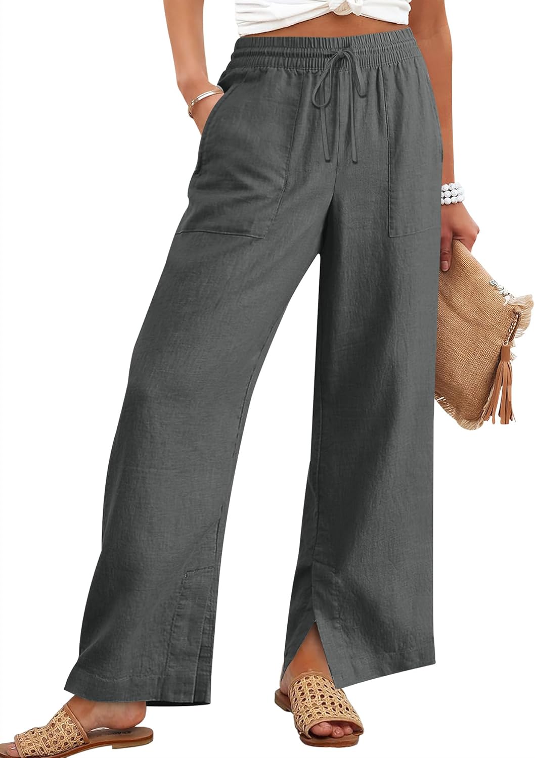 ANRABESS Womens Wide Leg Palazzo Linen Pants High Waist Split Ankle Casual Lounge Beach Vacation Pants 2026 Spring Summer