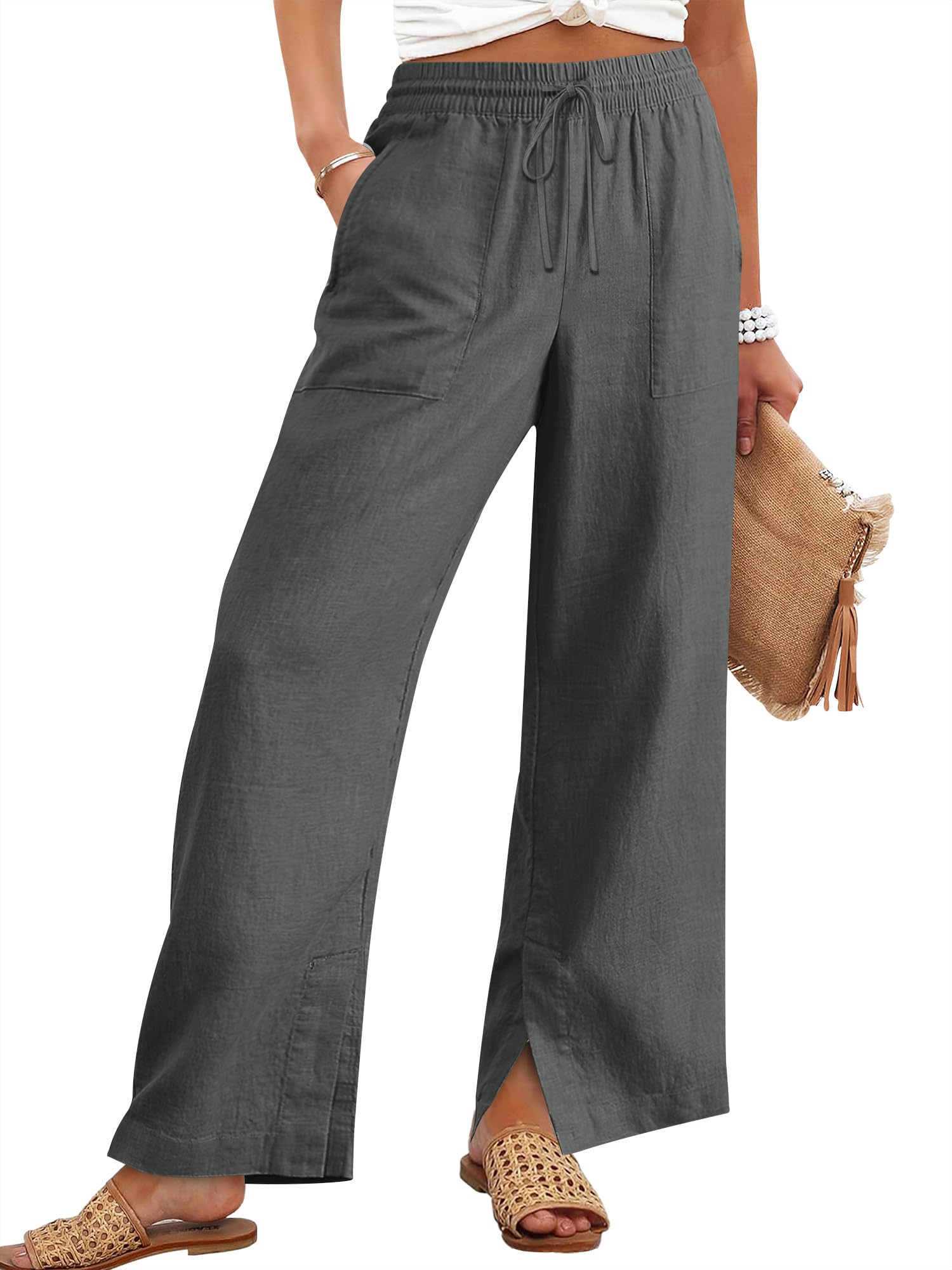 ANRABESS Womens Wide Leg Palazzo Linen Pants High Waist Split Ankle Casual Lounge Beach Vacation Pants 2026 Spring
