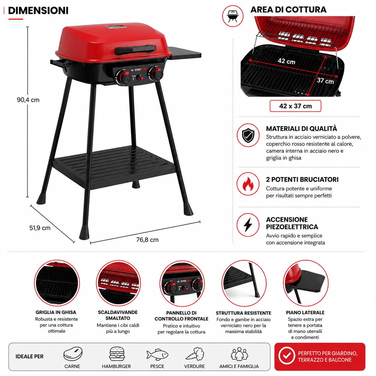 MasterCook - Barbecue a Gas 2 Bruciatori Rosso con Griglia in Ghisa e Scaldavivande, BBQ da Esterno con Accensione Piezoelettrica e Ruote, 76,8x51,9x90,4 cm