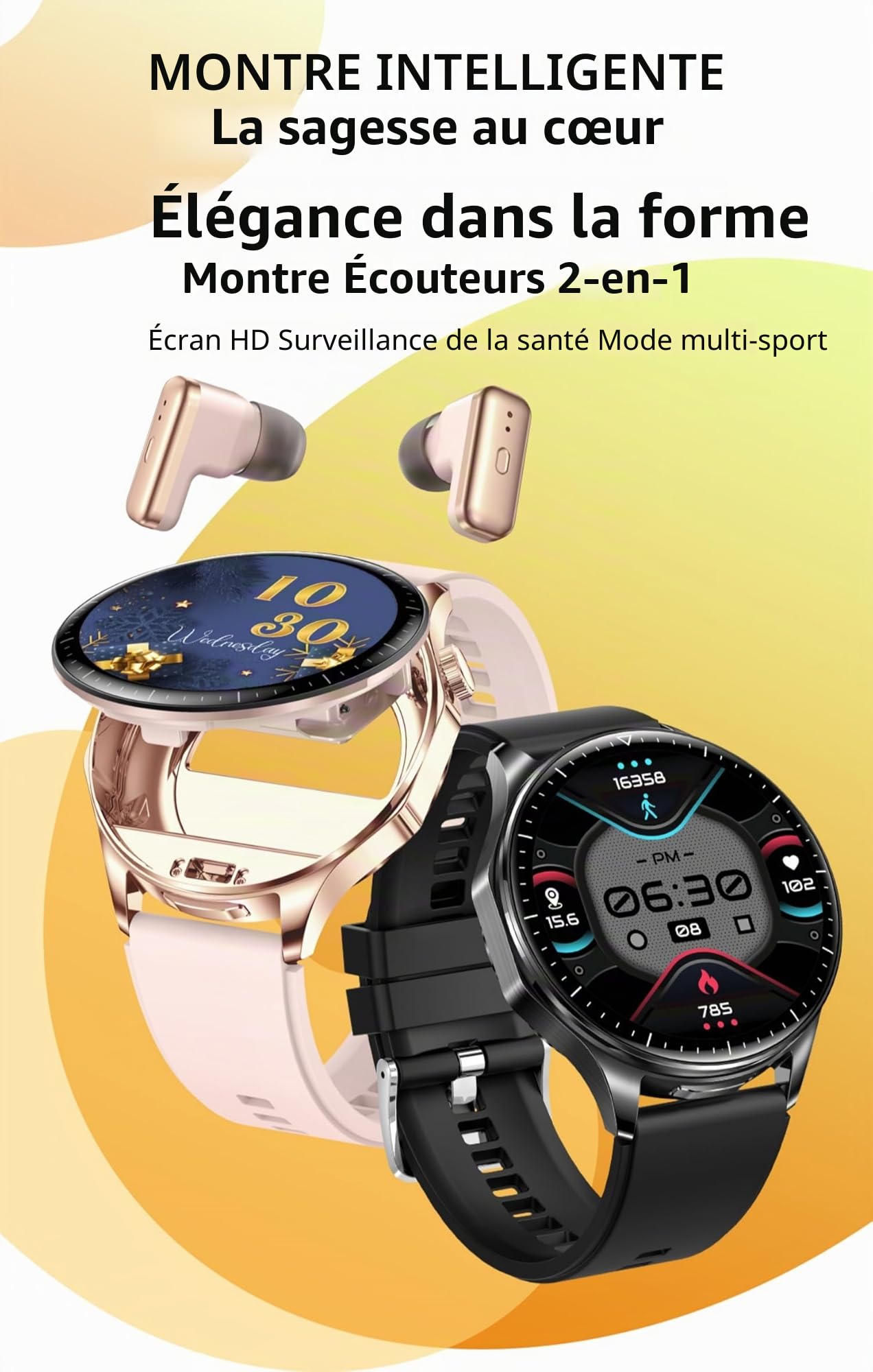 Montre Connectée Homme Femme avec écouteurs, Montre Sport Smartwatch pour Android iOS, Écran AMOLED de 1,43'' Montre Intelligente, Podometre Oxymetre Cycle Menstruel Calories Notification, Noir