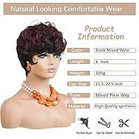 Vista 5 de Pelucas cortas de vino rojo estilo pixie para mujeres negras, pelucas cortas para mujeres negras, corte pixie natural negro y burdeos para mujeres