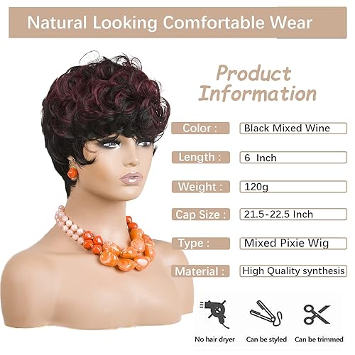 Miniatura 5 de DOcute - Pelucas cortas de vino rojo estilo pixie para mujeres negras, pelucas cortas para mujeres negras, corte pixie natural negro y burdeos para
