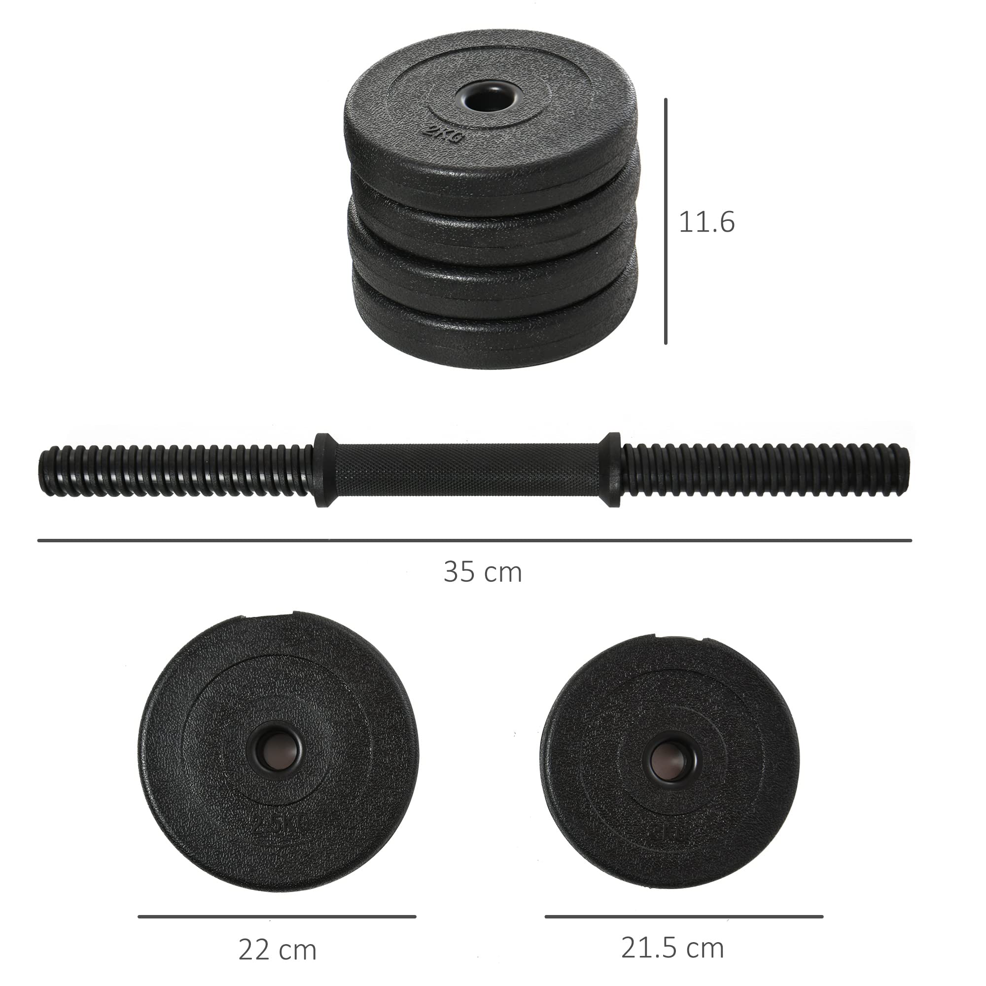 HOMCOM Set Manubri Palestra 20kg (4x2.5kg, 4x2kg), Pesi Palestra con 8 Dischi da 2kg, 2.5kg, Ø25mm, per Allenamento a Casa