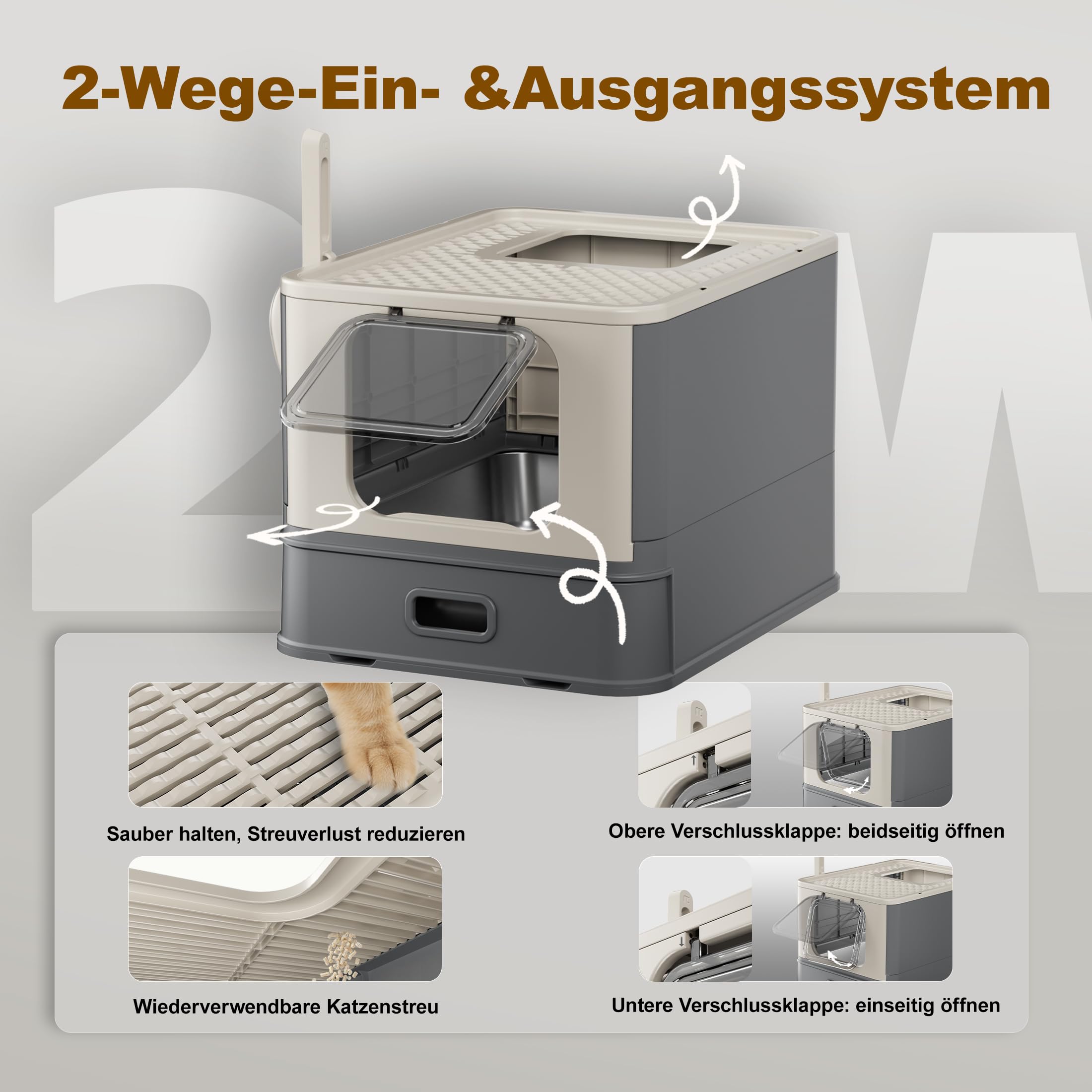 Pakeway Katzenklo aus Edelstahl Geschlossen mit 2 Einstiegsmöglichkeiten XXL Große Hygienische Katzentoilette Geruchsneutral Inklusive Schaufel und Matte Für Alle Rassen Platzsparend Faltbar auf 15 cm