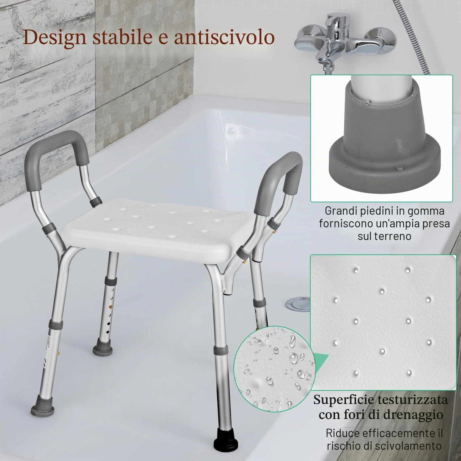 HOMASIS Sgabello da doccia regolabile in altezza in 6 nilveles, panca da doccia in alluminio con braccioli imbottiti rimovibili e piedini in gomma antiscivolo, per anziani, 59 x 34 x 54 – 67 cm,