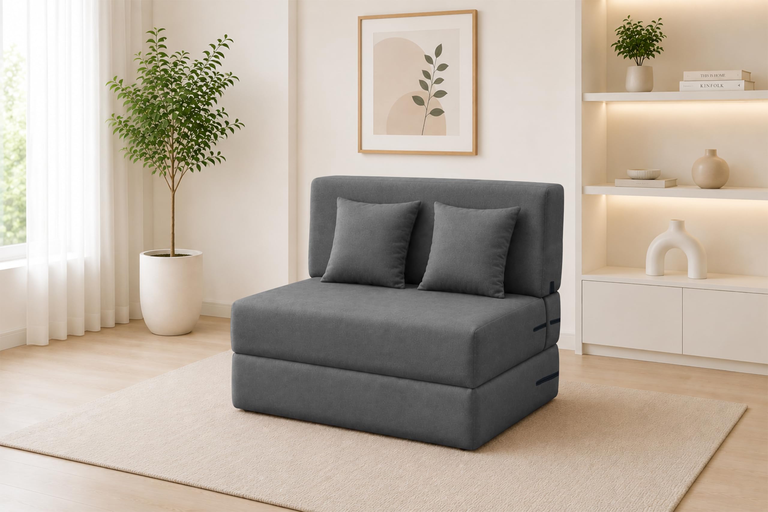Los Angeles Foldable One Seater Sofa Cum Bed, Sofa Bed 3 X 6 Feet Jute Fabric Washable Cover- Including Cushion Perfect for Living Room & Office, Guest Room - Grey