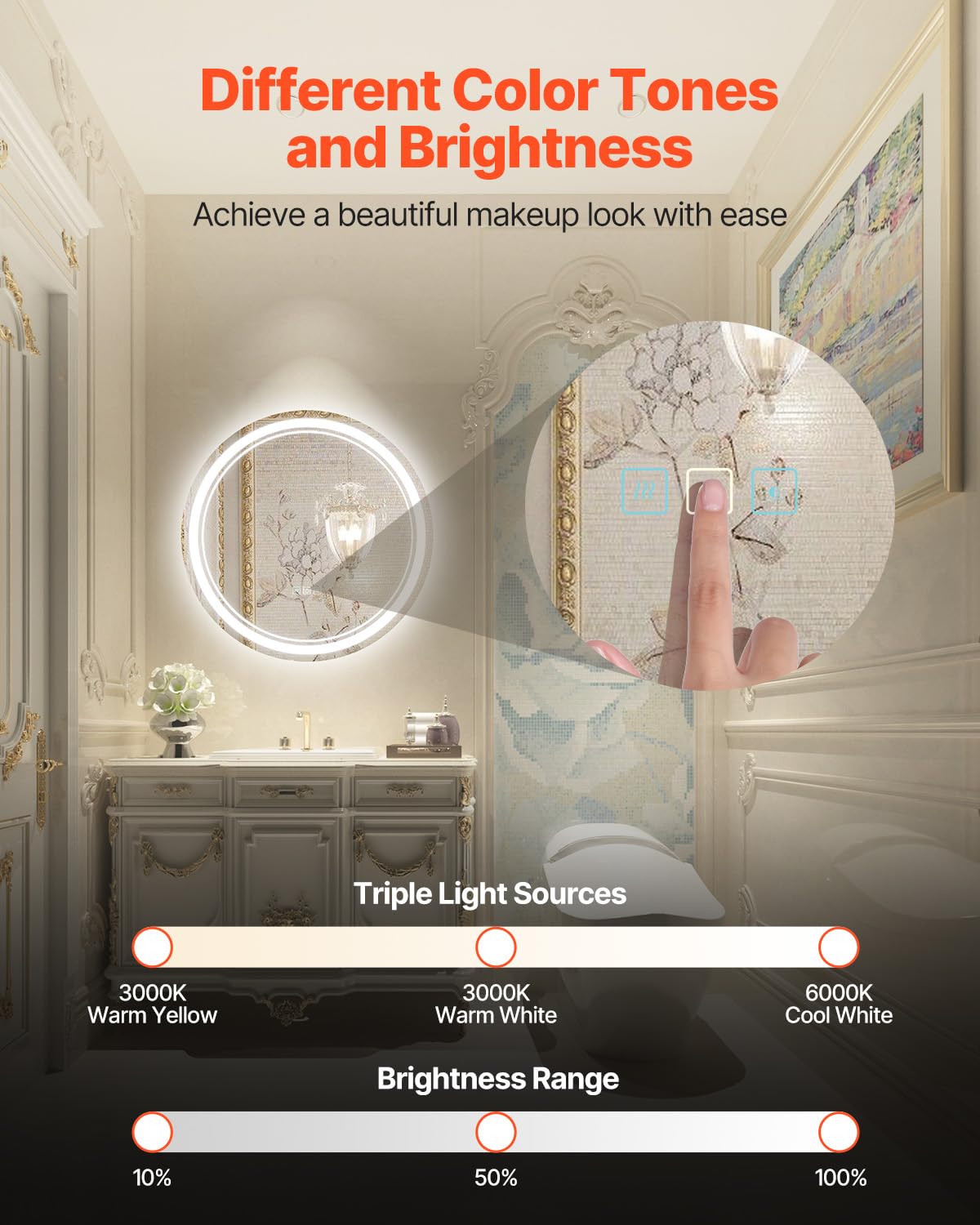 VEVOR Miroir de Salle de Bain Rond à LED, 60 cm, Miroir de Maquillage avec éclairage Frontal et rétroéclairé, Miroir Mural à mémoire antibuée avec lumières, intensité Variable en continu à 3 Couleurs
