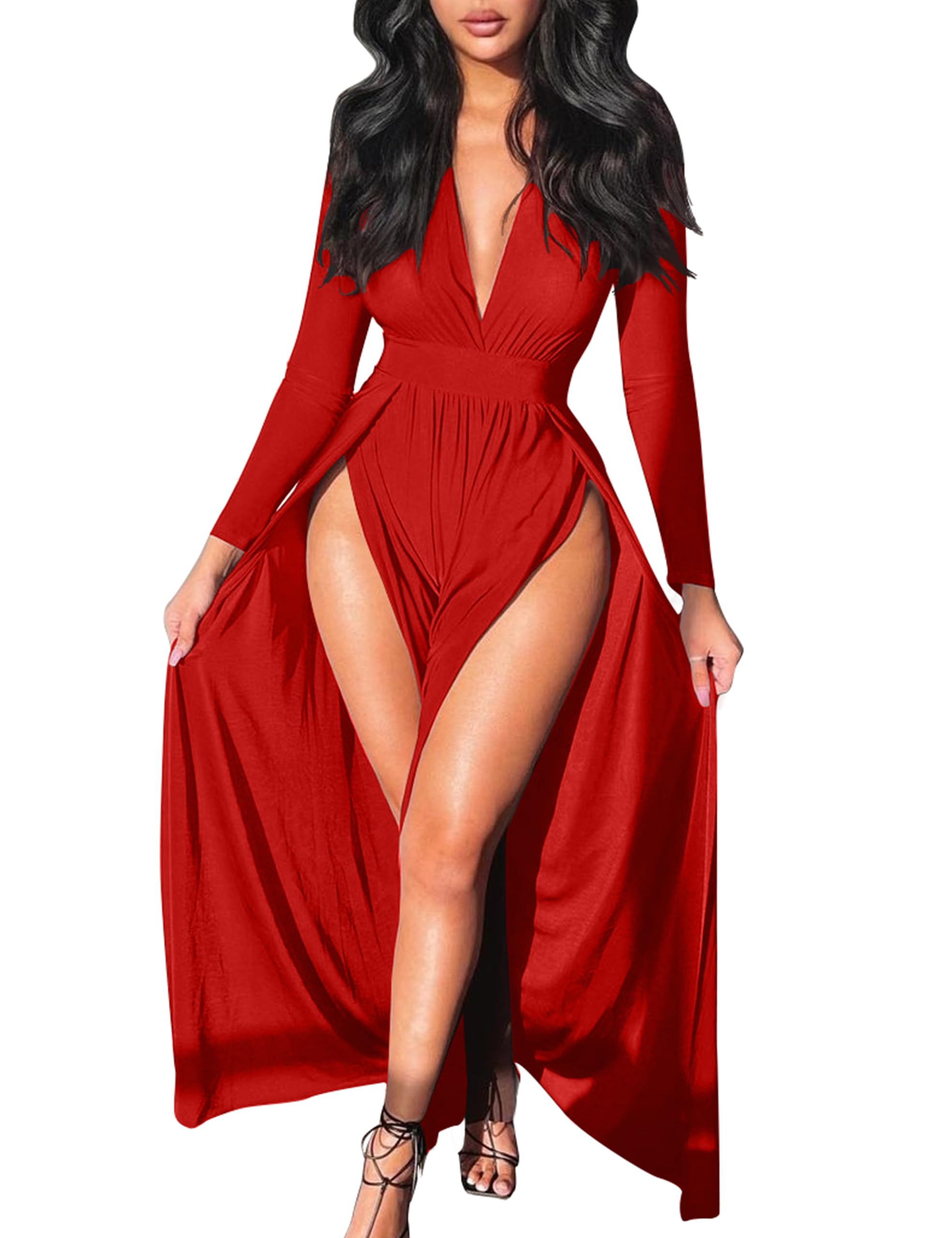 GOKATOSAU Women's Sexy Plunge V Neck Long Sleeve Double High Split Bodycon Long Maxi Dress
