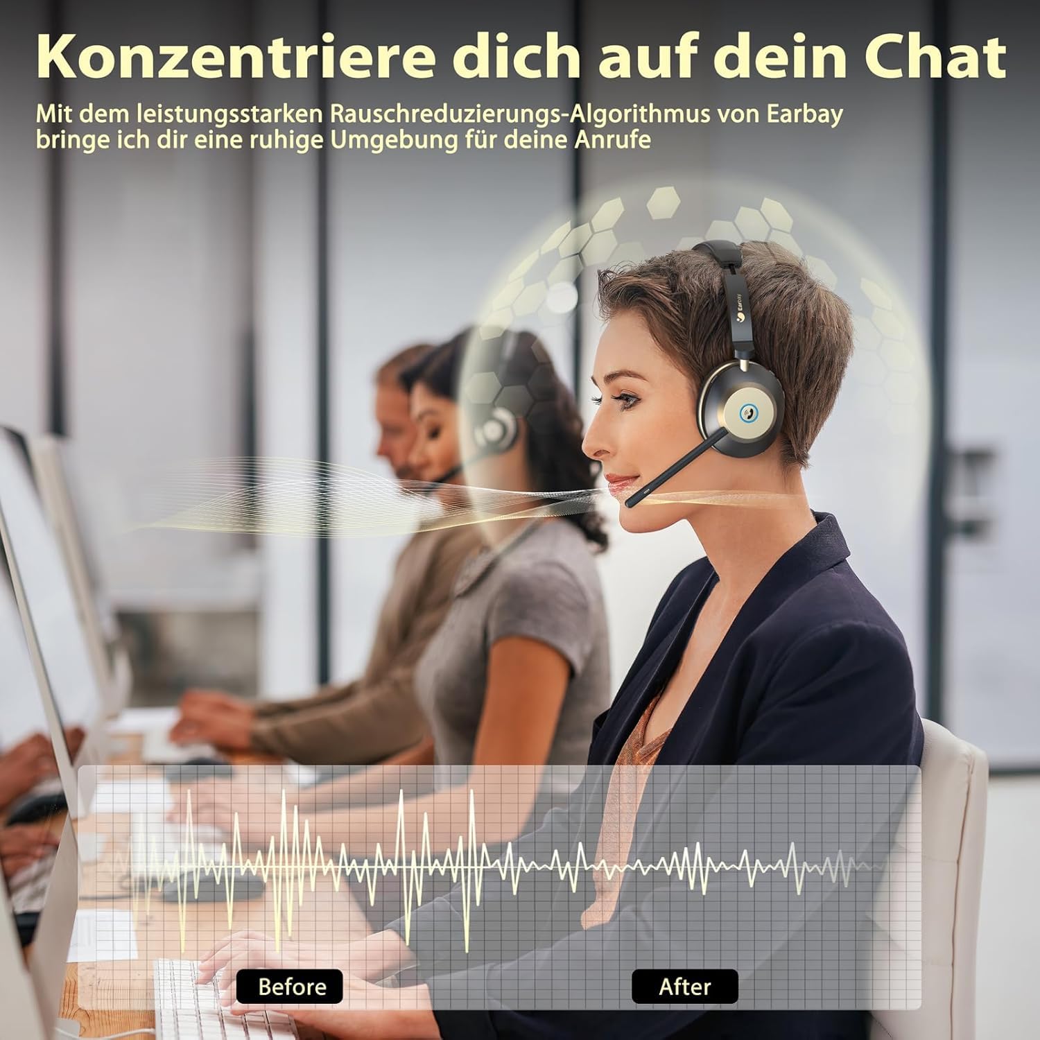 Earbay Headset mit Mikrofon Bluetooth, Headset kabellos KI-Geräuschunterdrückung & USB-Dongle, Bluetooth Headset mit Mikrofon Stummschaltung & Ladestation für PC/Meeting/Call Center/Home/Office