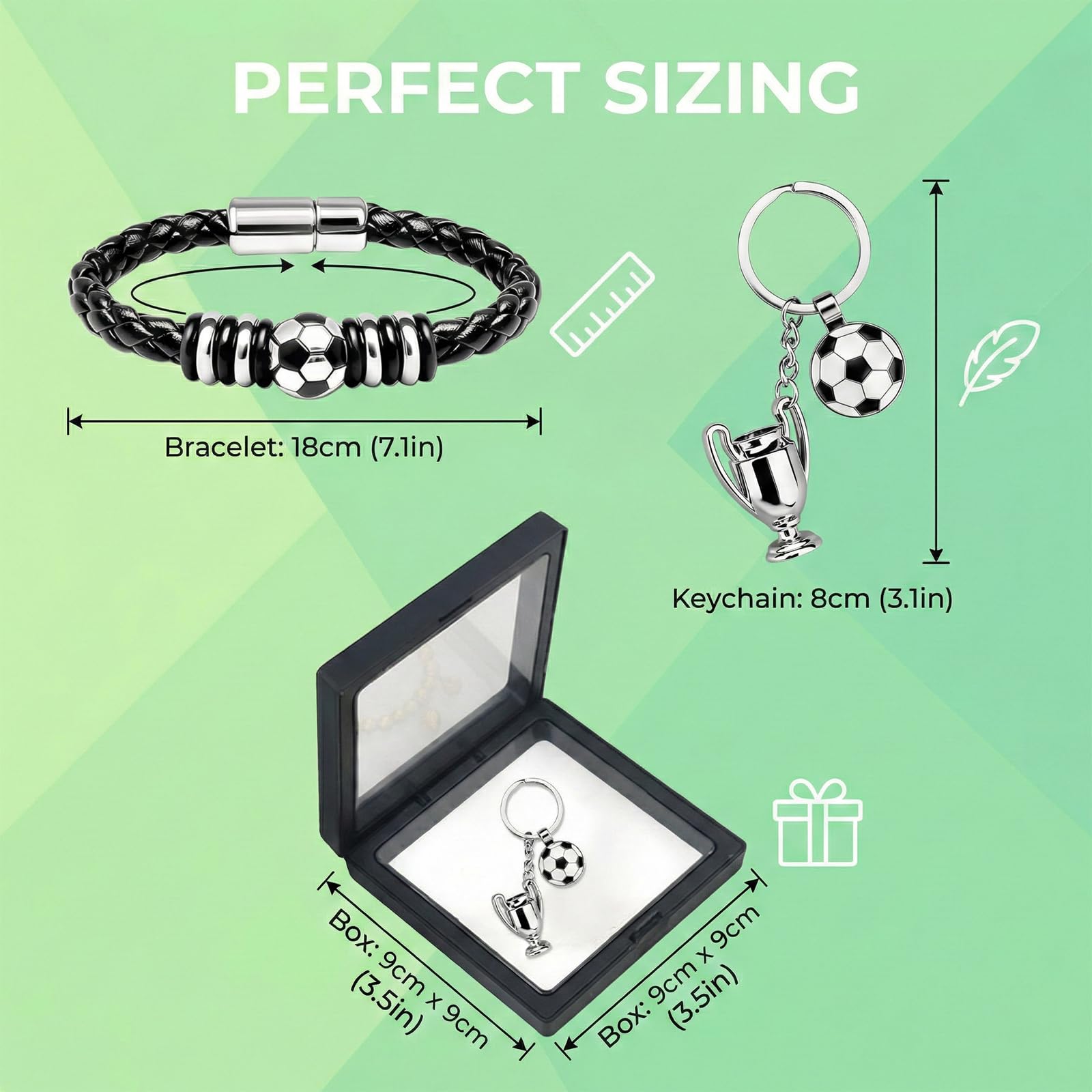 Regalos de Futbol para Fans, Set de Trofeo y Pulsera de Futbol, Pulsera de Cuero Trenzado con Cierre Magnetico, Caja de Regalo, para Cumpleanos Comunion Confirmacion Graduacion