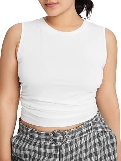 CIDER Plus Size Tops for Women Sleeveless Ruched Crew Neck Crop Tank Top...