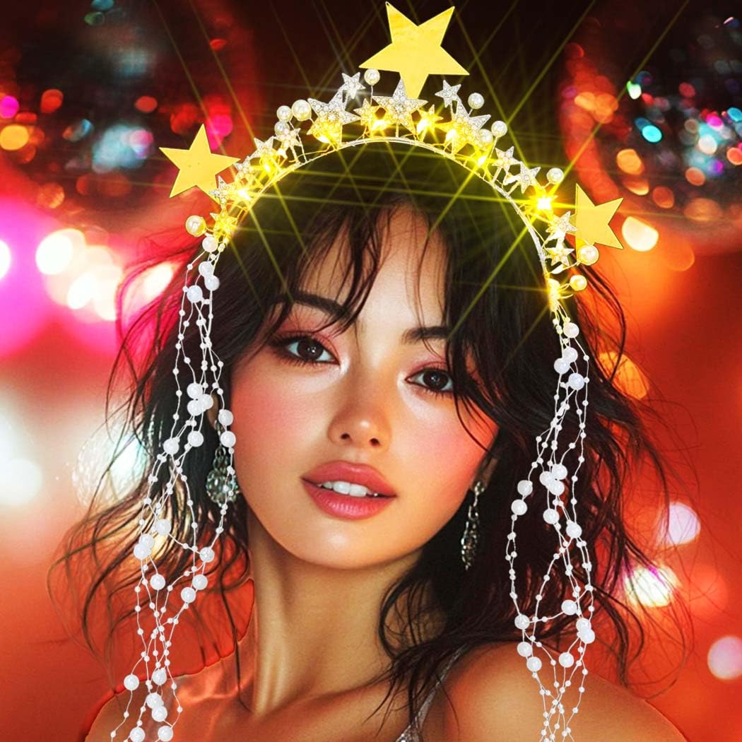 Reaky Light Up Star Halo Crown Led Gold Rhinestone Headpiece Goddess Pearl Headband Carnival Hair Accessories for Women - Image 3