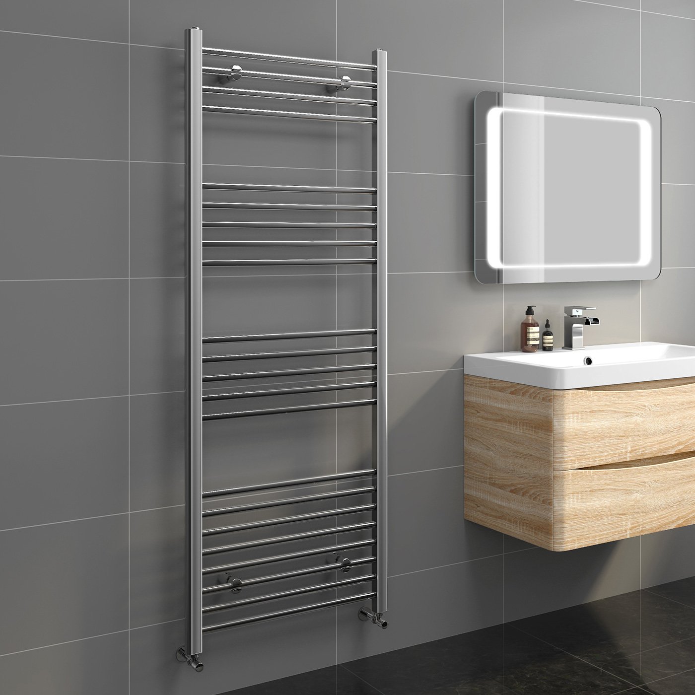iBathUK Zypher Straight Wall Mounted Heated Towel Rail, 22 Column Steel Hydronic Central Heating High Thermal Output Designer Towel Radiator in Chrome, 1600 × 600mm