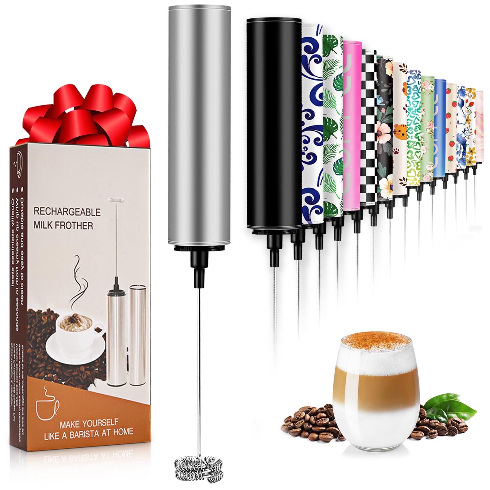 Milk Frother Handheld Rechargeable - 2-Speed Electric Whisk with 5 Detachable Heads (Frother/Mixer/Whisk) for Coffee, Latte, Cappuccino &amp; Matcha, Drink Mixer (silver)