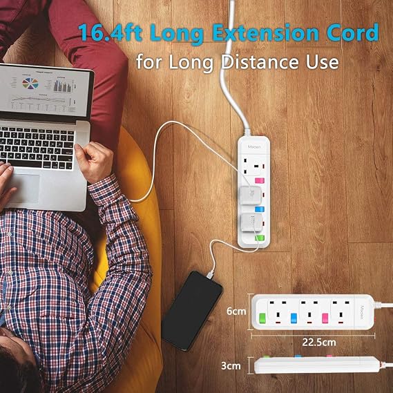 Mscien 5M 3 Way Long Extension lead Individually Switched Mountable Surge Protected Power Strip with 5 Meter Extension Cable-White/Random Switch Color