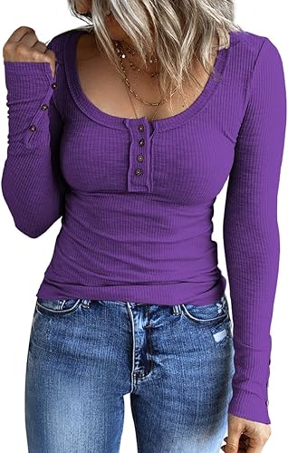 Kissfix Camisas de manga larga para mujer, estilo casual, para otoño, con botones, básicas, de punto acanalado