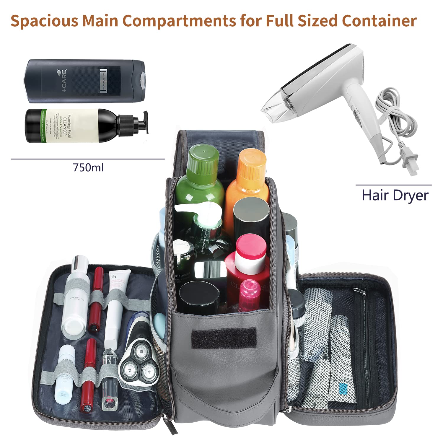 Neceser Grande para Hombre, Organizador de artículos de Aseo Personal, de Piel sintética, Resistente al Agua, Kit de Afeitado para Accesorios de Aseo Personal, Gris, XL, Neceser
