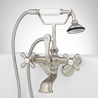 Signature Hardware 329459 Wall Mounted Clawfoot Tub Filler Faucet with Integrated Diverter- Includes Telephone Style Hand Shower - Brushed Nickel