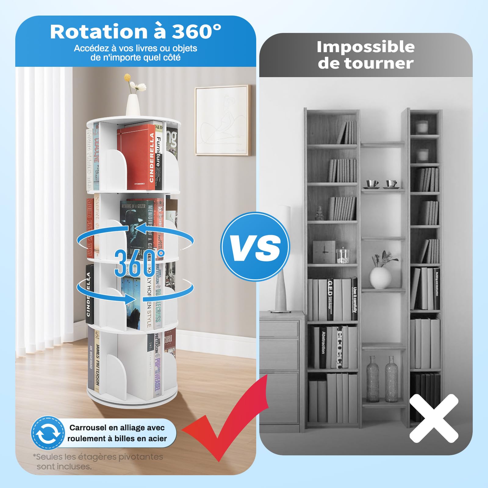 Libreria girevole a 360° a 4 livelli, 39,5 x 115,5 cm, bianco, con 16 scomparti, salvaspazio, portata 60 kg, per soggiorno, cameretta dei bambini e ufficio