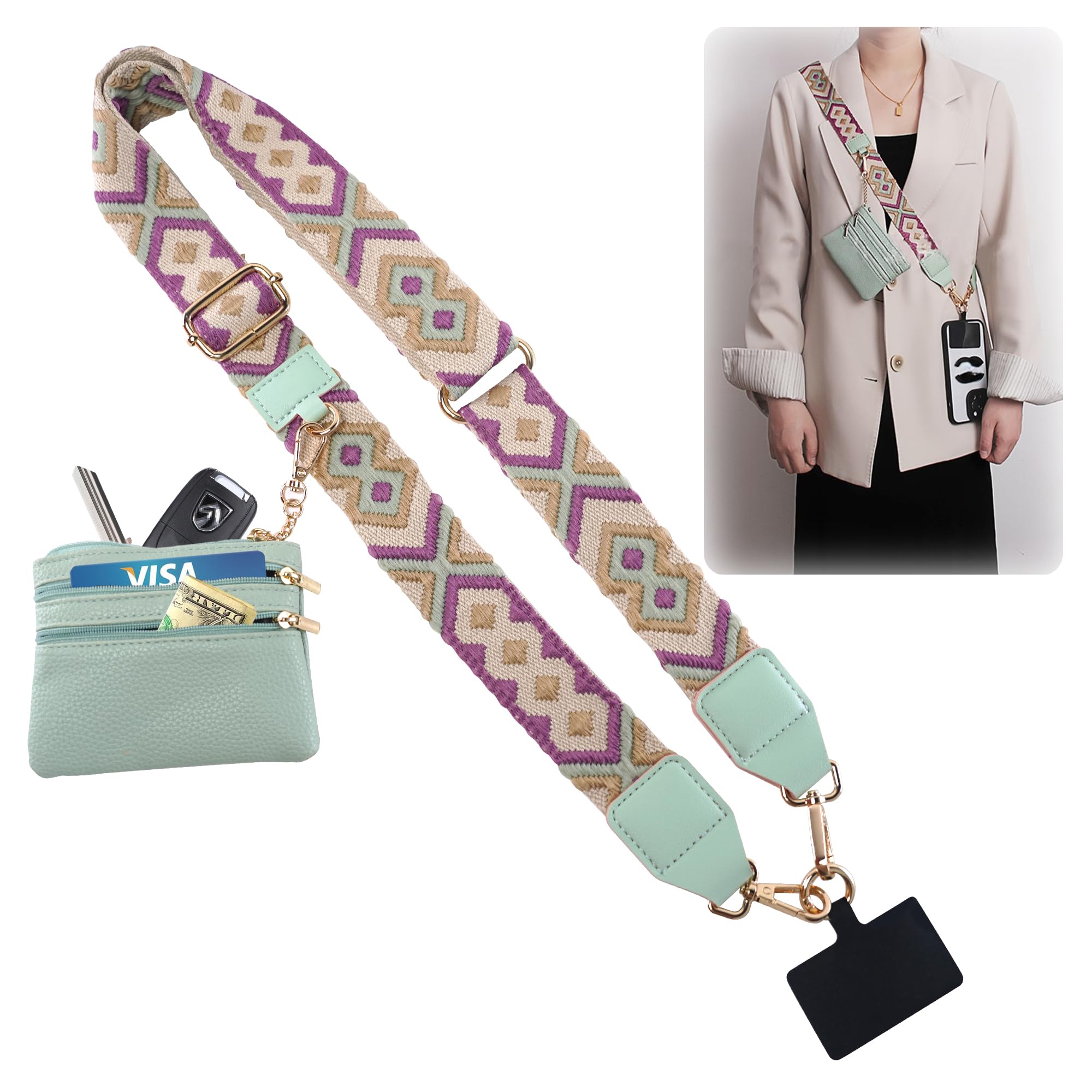 JBEIY Phone Lanyard Crossbody with Wallet, Phone Strap with Zippered Pouch, Adjustable Anti Theft Cellphone Lanyard for Women, Travel Essential