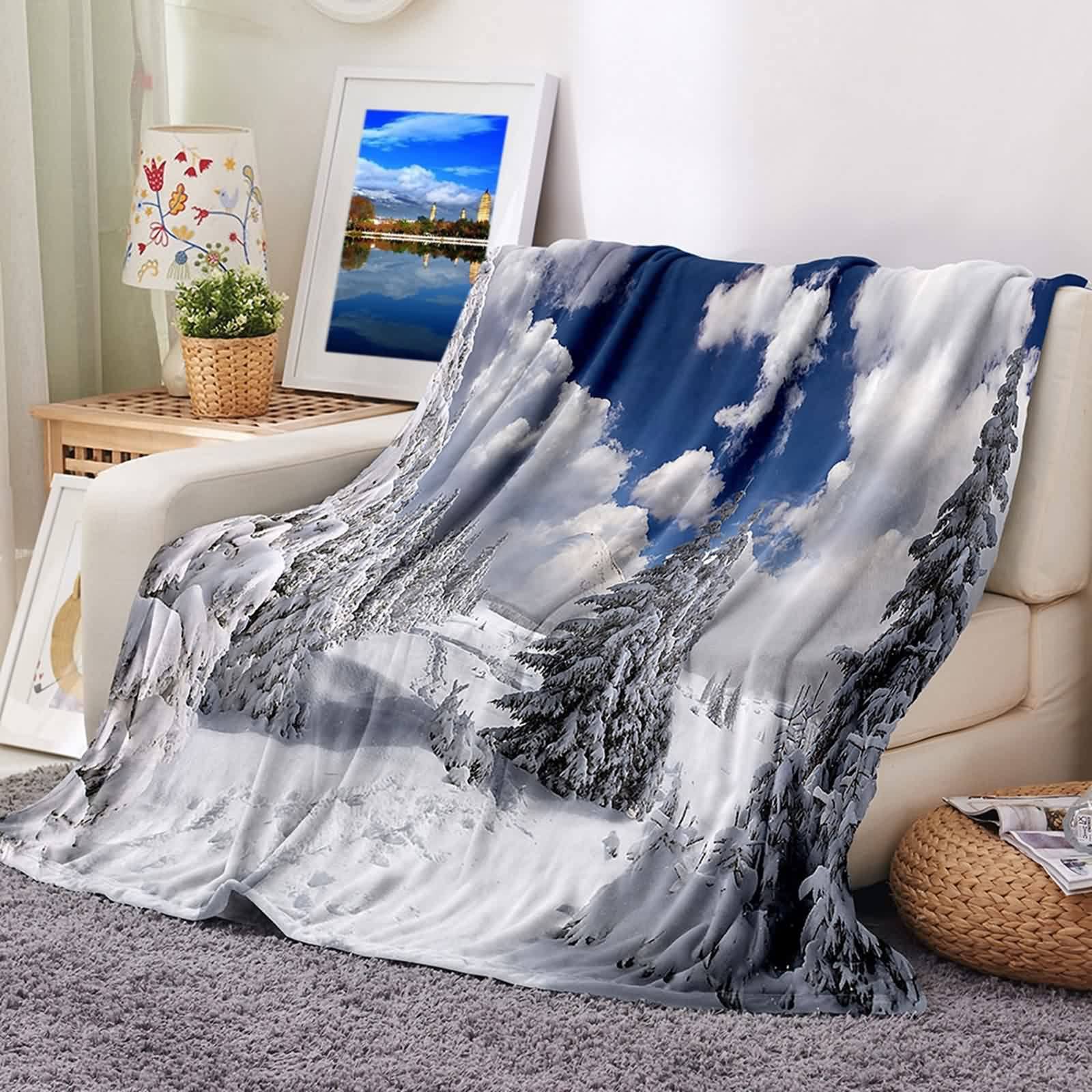 Couverture Polaire Tres Chaude, Couverture Tres Chaude Hiver Flanelle Bleu Blanc 130x150CM Arbre à Neige Blanket Douce Cosy Lit Canapé