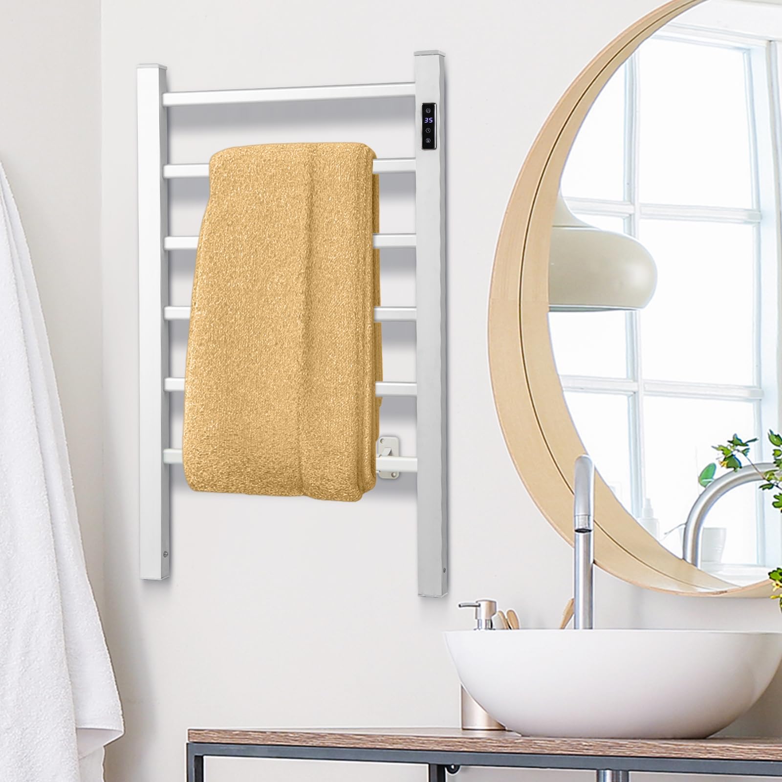 RELAX4LIFE Sèche-Serviettes Électrique 105W avec 6 Barres, Chauffage Porte-Serviettes 30℃-60℃ Mural/sur Pieds, Radiateur Électrique pour Serviettes en Aluminium avec Minuterie Protection Surchauffe