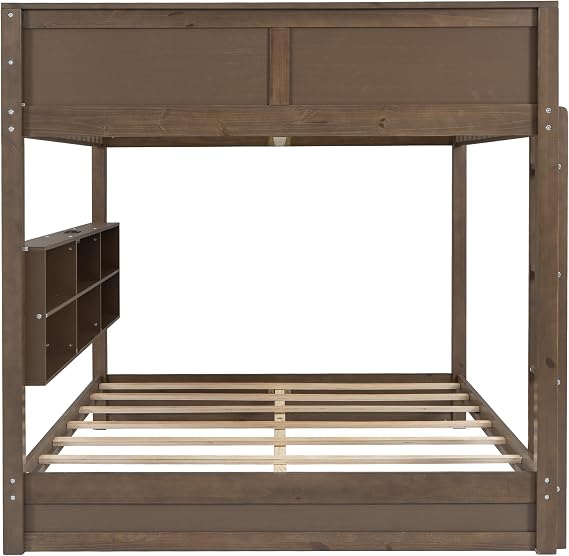 Merax Queen Over Queen Bunk Bed With Storage Shelves and USB Ports, Antique Wood