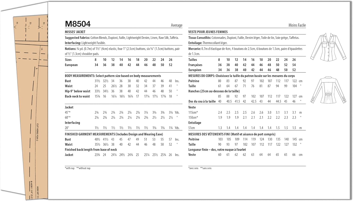 McCall's M8504K5 Misses' Jacket Sewing Pattern Packet, Design Code M8504, Sizes 8-10-12-14-16